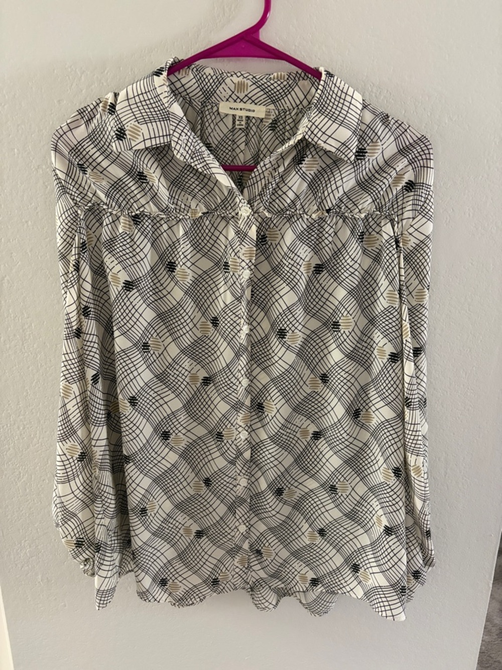 Max Studio Black & White Grid Button-Down Blouse with Tan Accents